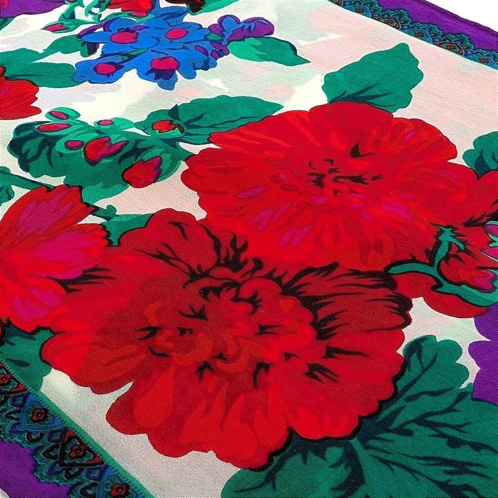 Rare Liz‎ Claiborne Vintage Floral Silk Scarf Red Purple White Paisley Border - Picture 4 of 7